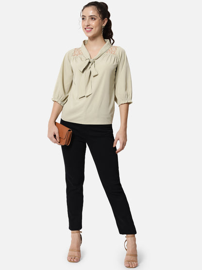 Beige Solid Tie-Up Neck Top for Women