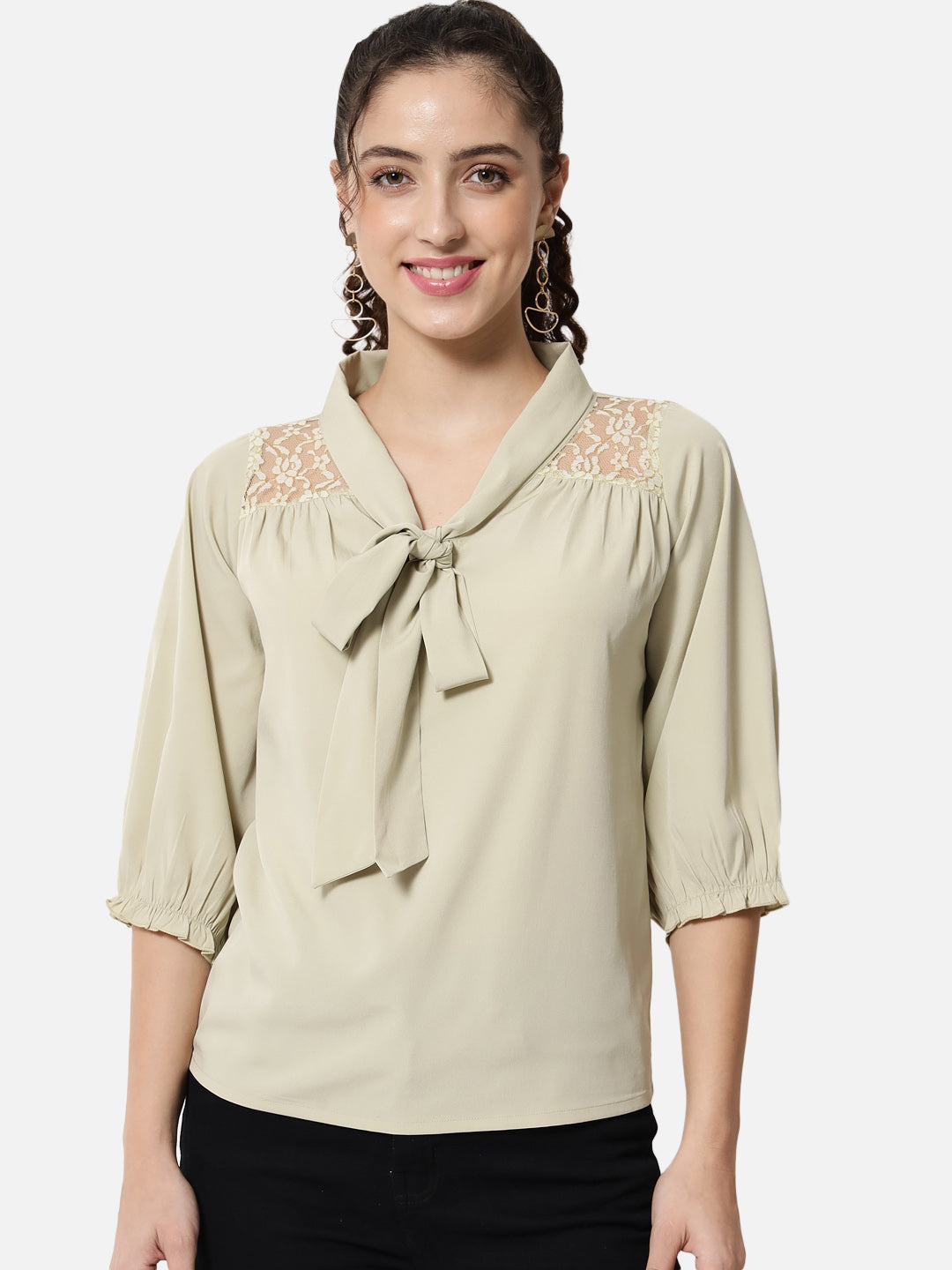 Beige Solid Tie-Up Neck Top for Women
