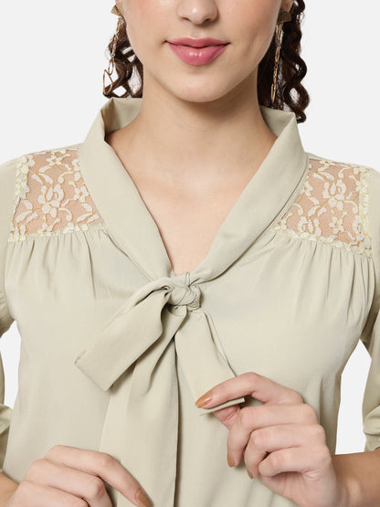 Beige Solid Tie-Up Neck Top for Women