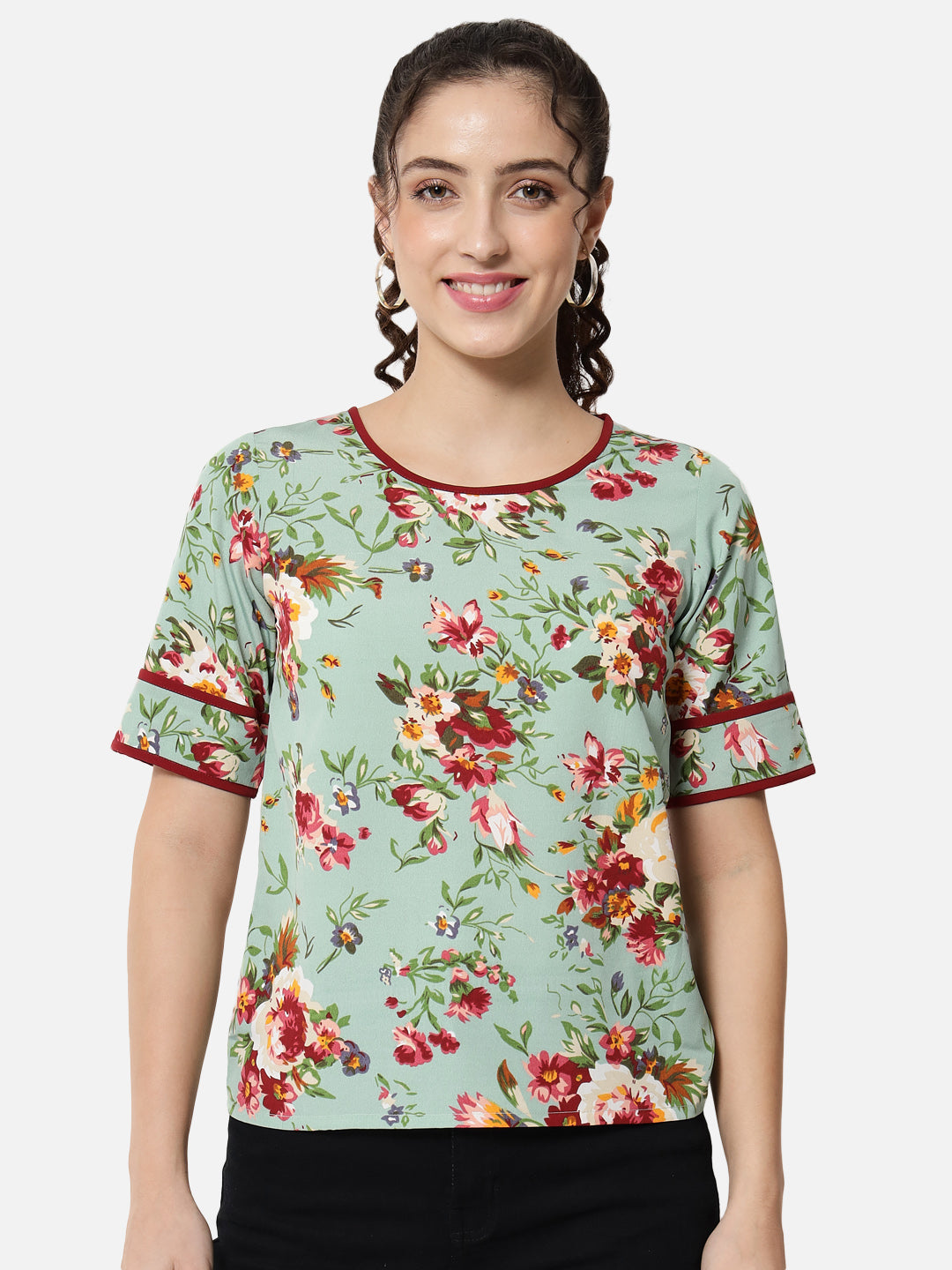 Light Green Floral Half Sleeve Top for Women
