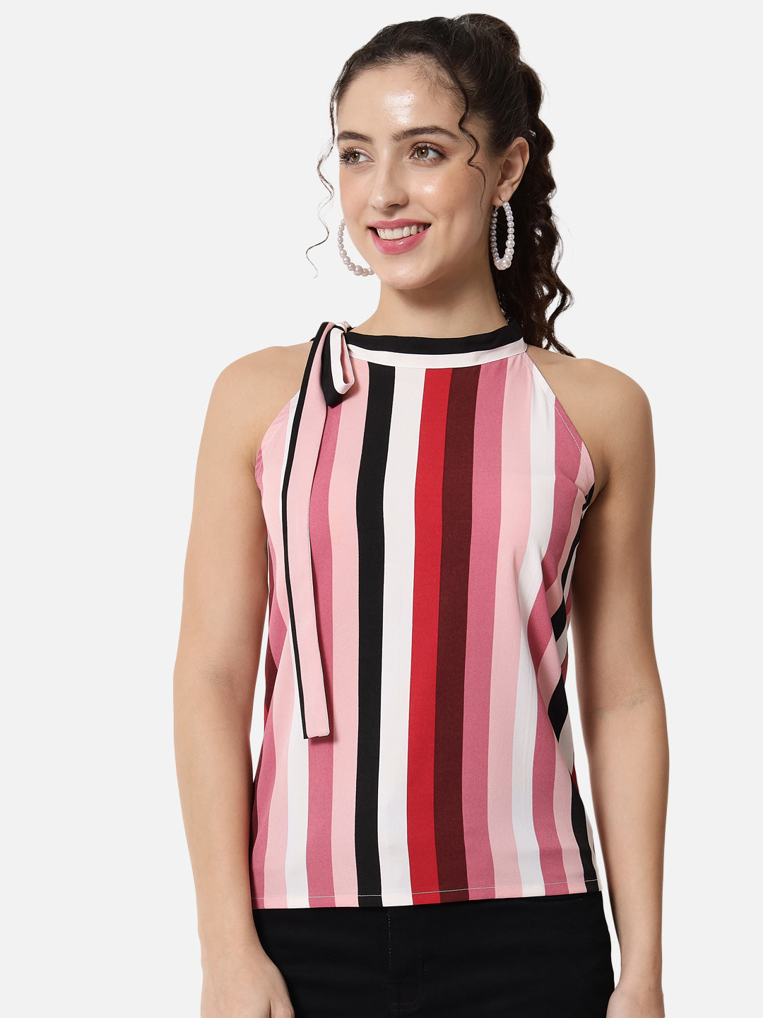 Multicolor Stripes Tie-Up Neck Top for Women