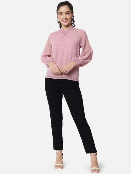Pink Swiss Dot Mock Neck Top for Women