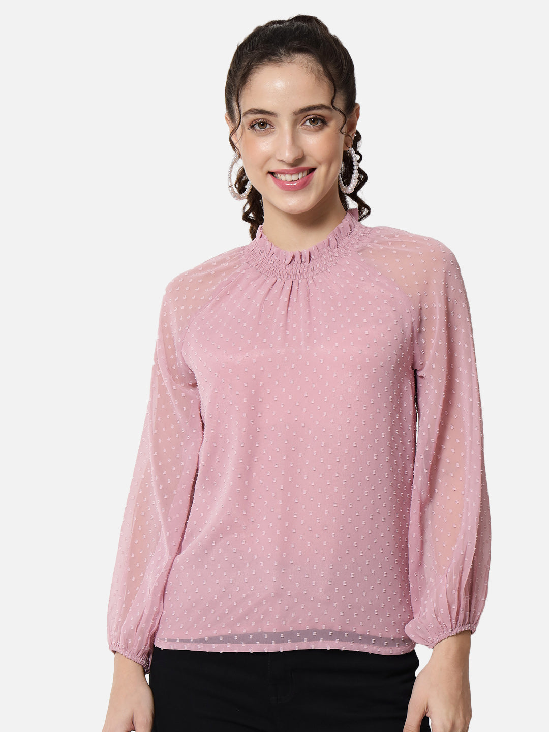 Pink Swiss Dot Mock Neck Top for Women