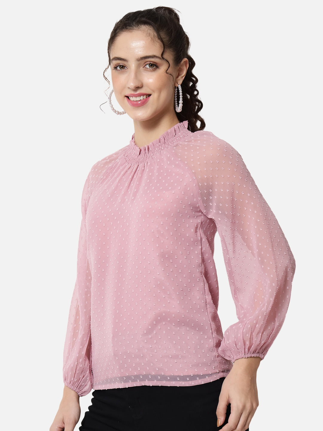 Pink Swiss Dot Mock Neck Top for Women