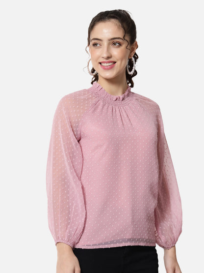 Pink Swiss Dot Mock Neck Top for Women