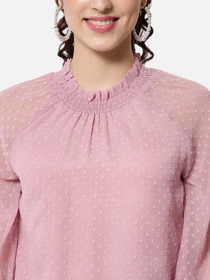 Pink Swiss Dot Mock Neck Top for Women
