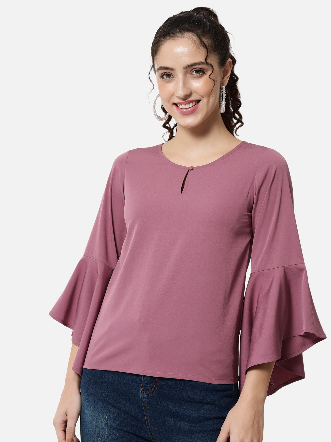 Solid Pink Keyhole Neck Top for Women