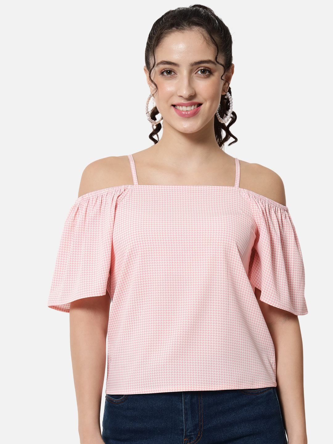 Pink Houndstooth Printed Cold Shoulder Top for Women