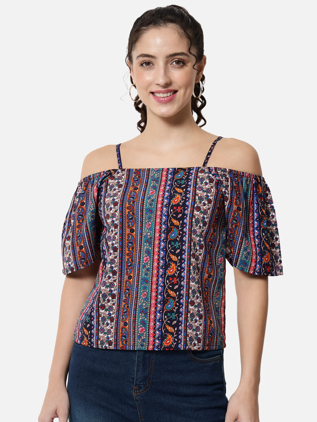 Multicolor Printed Cold Shoulder Top for Women