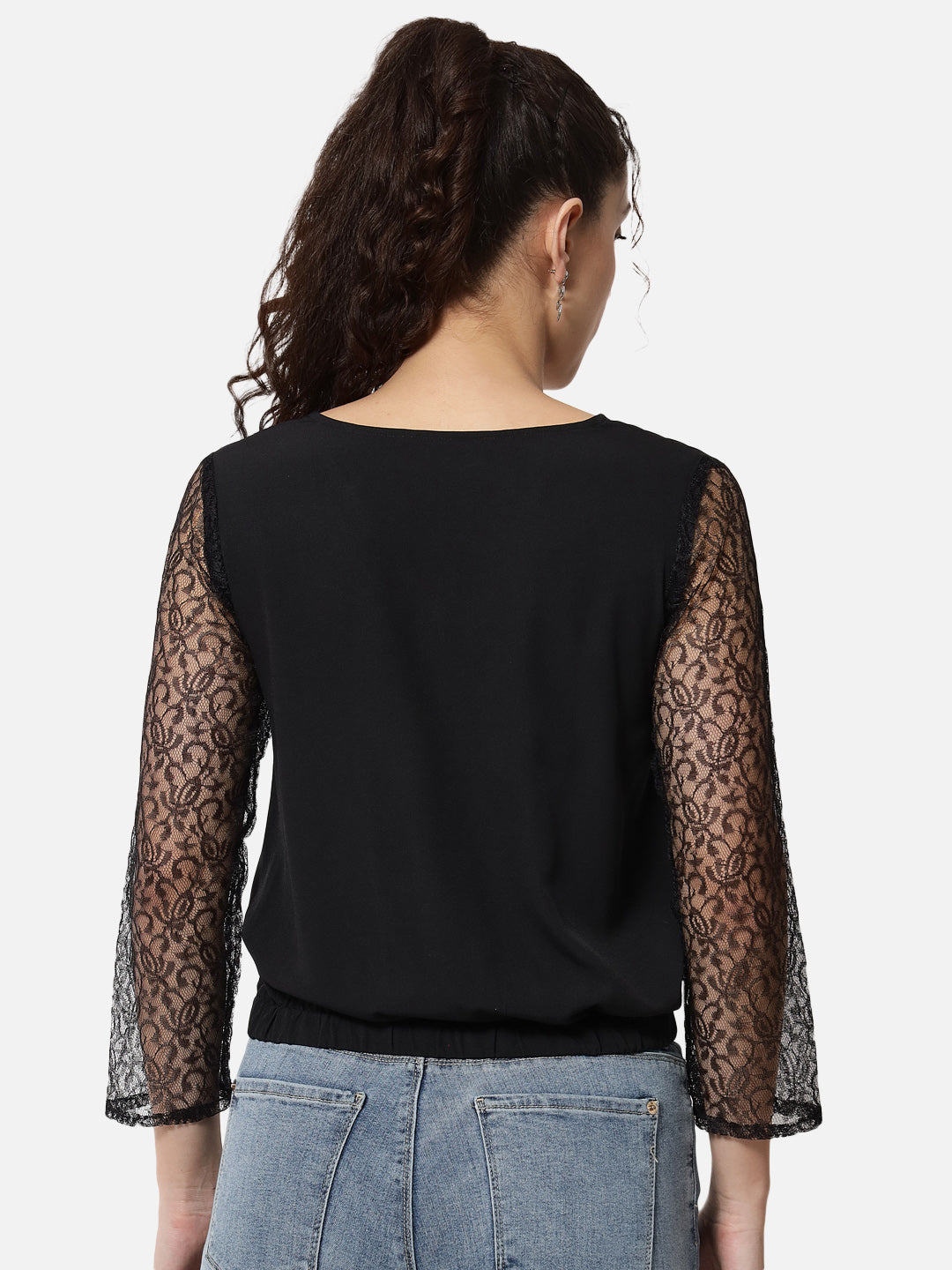 Black Solid Net Sleeve V-Neck Top for Women