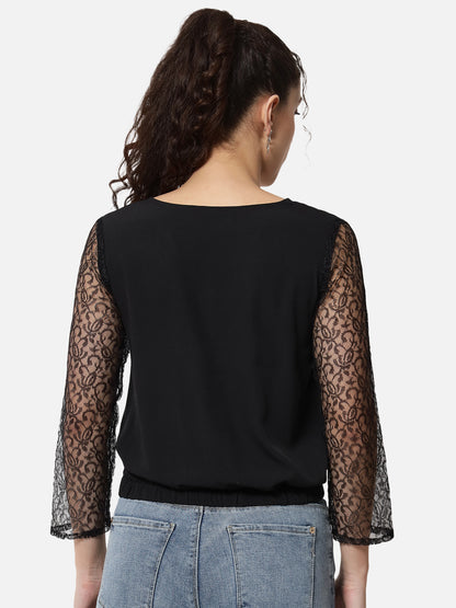 Black Solid Net Sleeve V-Neck Top for Women