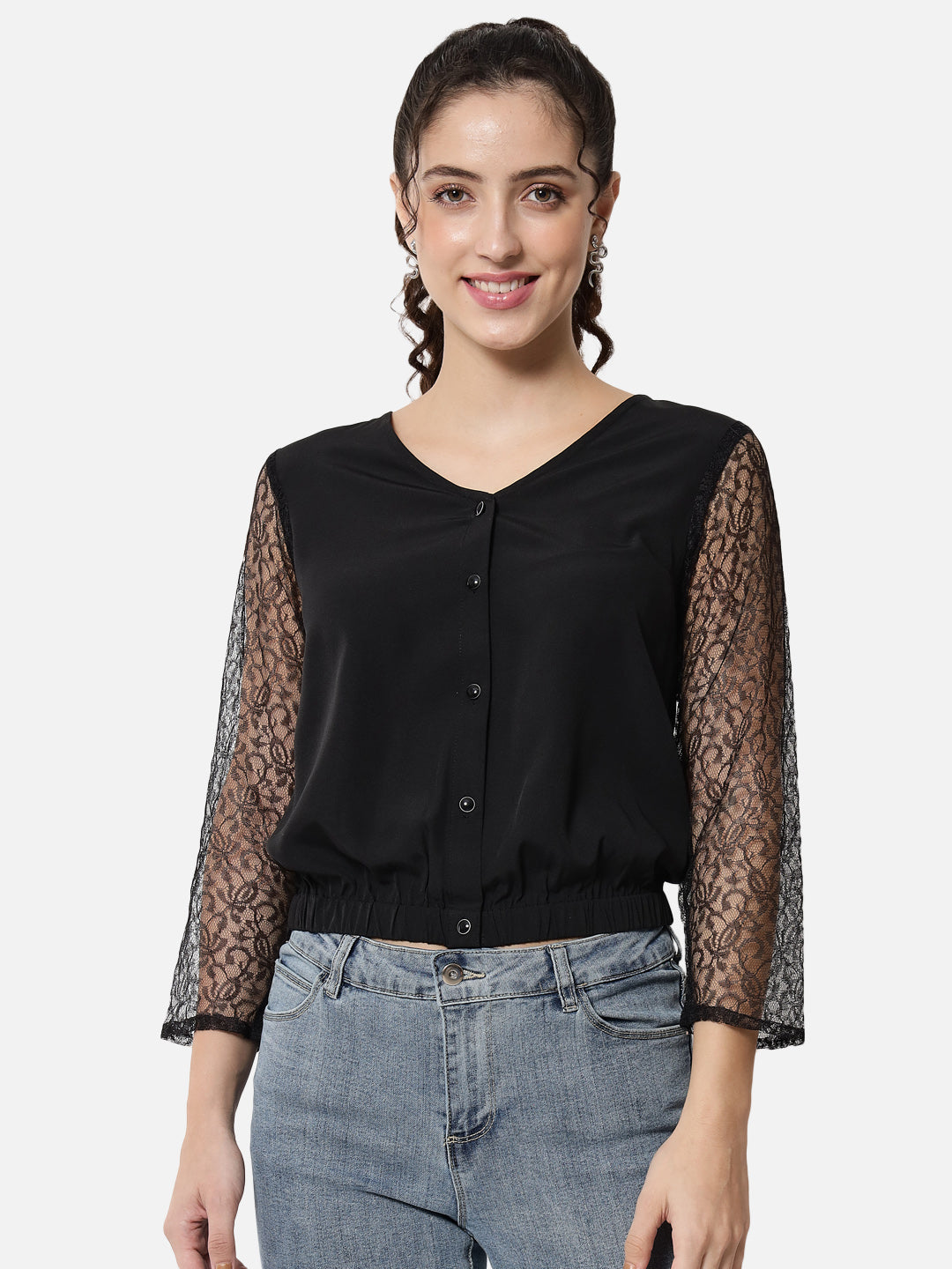 Black Solid Net Sleeve V-Neck Top for Women