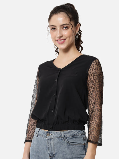 Black Solid Net Sleeve V-Neck Top for Women