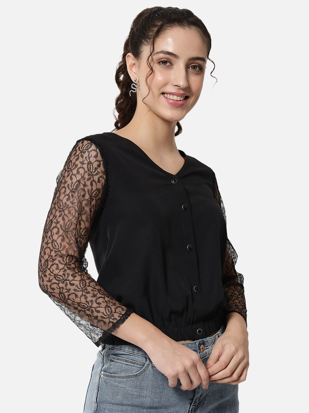 Black Solid Net Sleeve V-Neck Top for Women