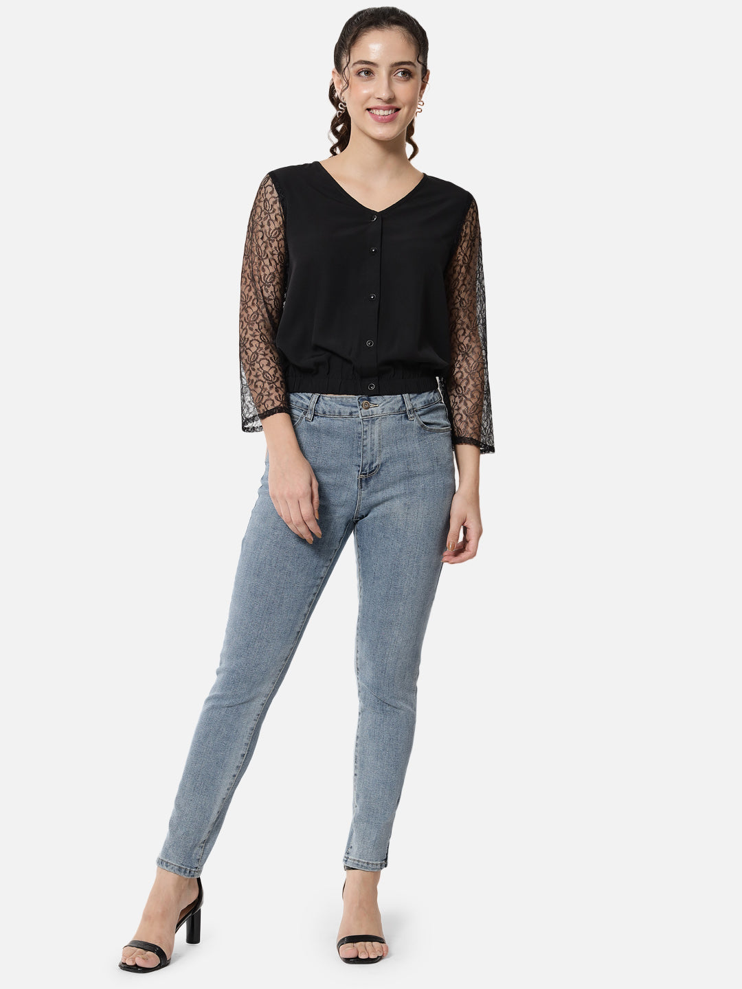 Black Solid Net Sleeve V-Neck Top for Women