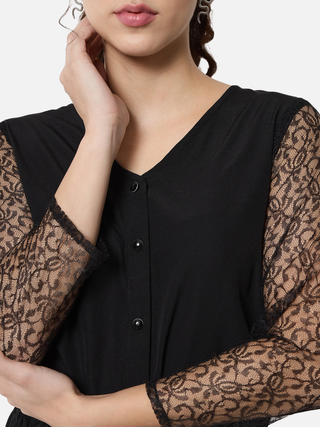 Black Solid Net Sleeve V-Neck Top for Women