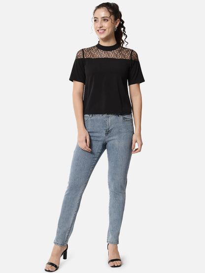 Black Solid Mock Neck Top for Women