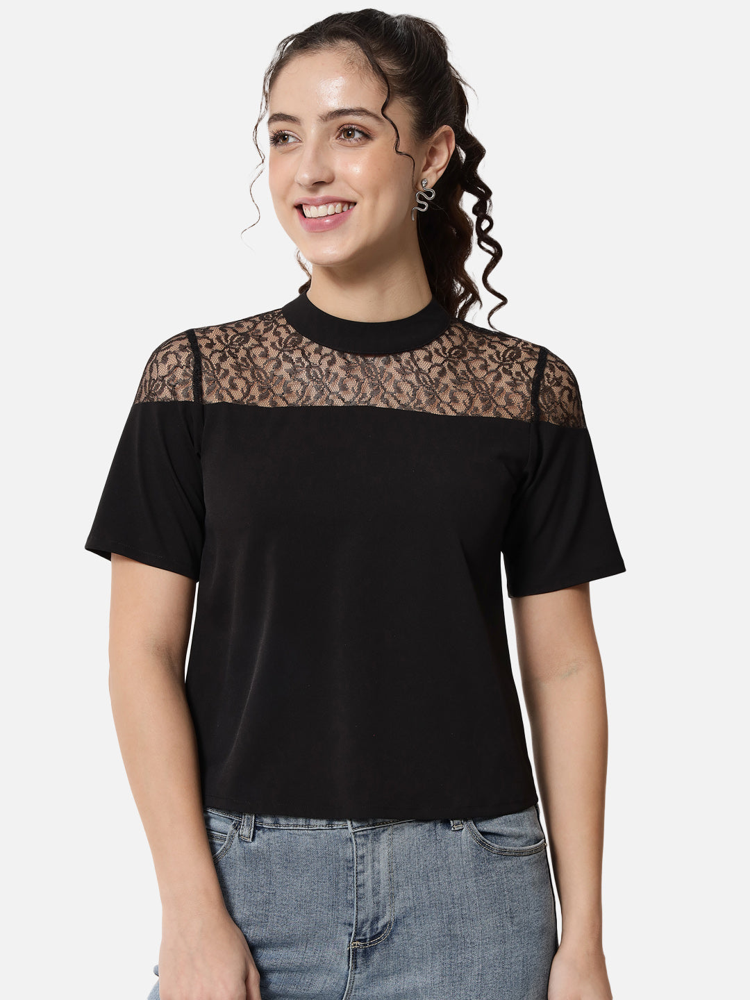 Black Solid Mock Neck Top for Women