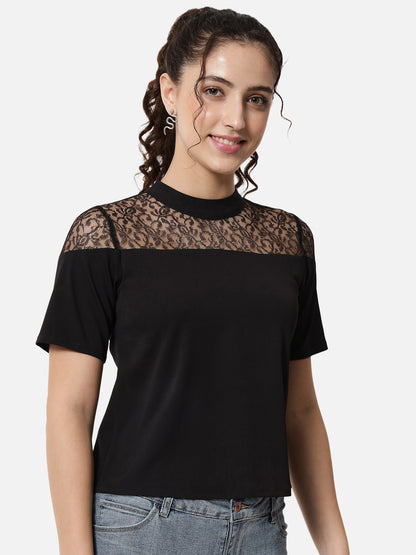 Black Solid Mock Neck Top for Women