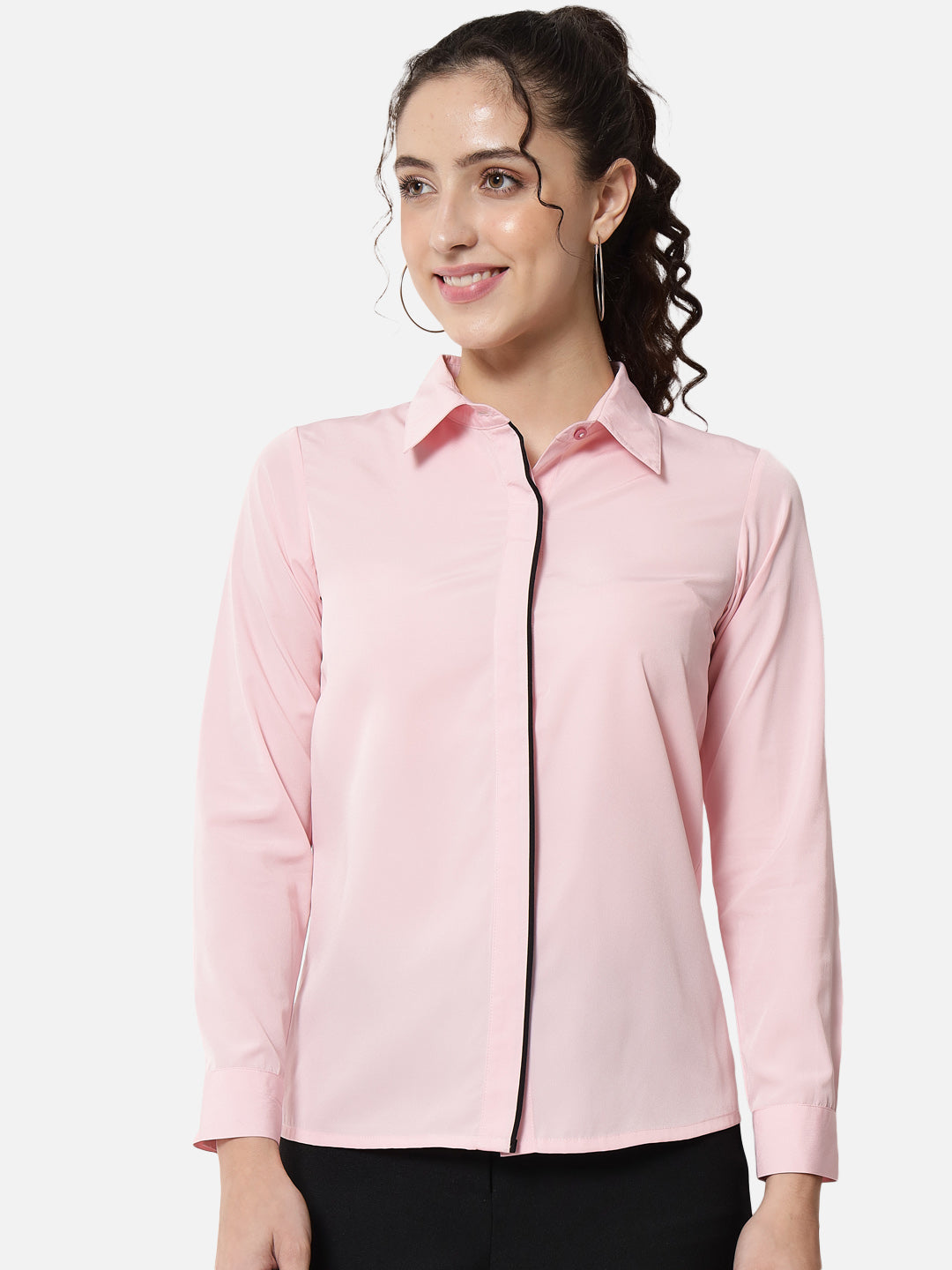 Solid Light Pink Full Cuff Sleeve Shirt for Women