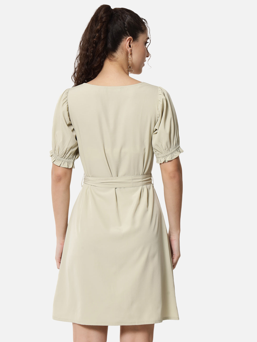 Beige Solid Half Sleeve Dress for Women