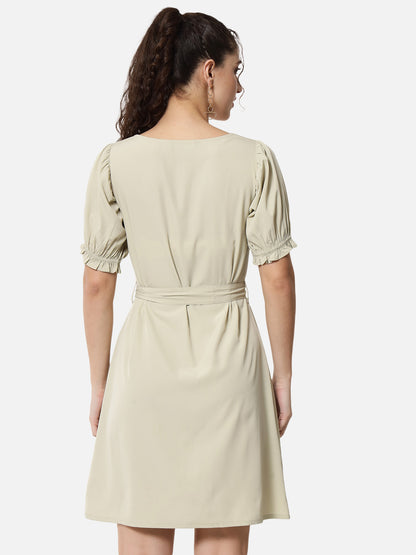 Beige Solid Half Sleeve Dress for Women