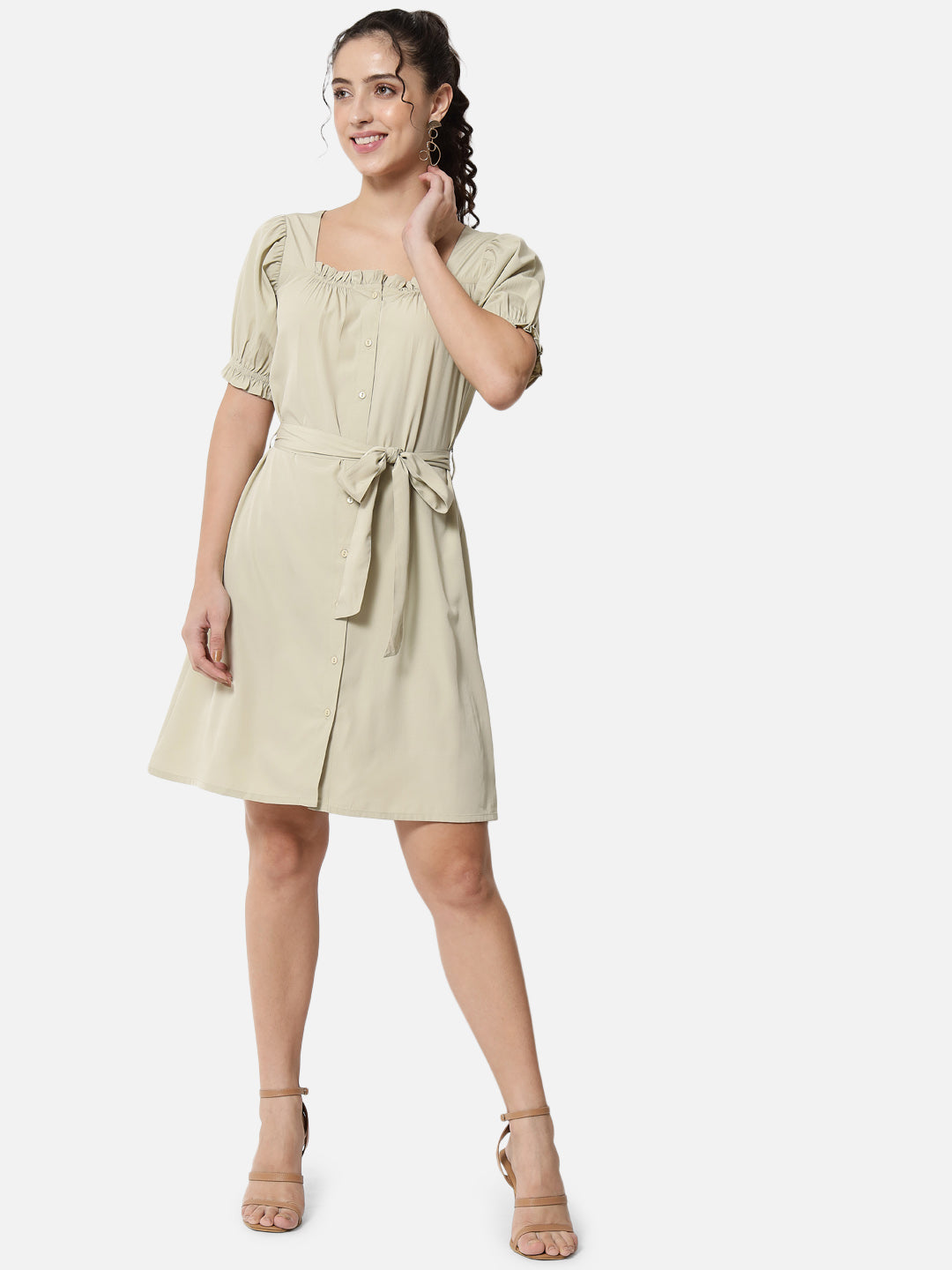 Beige Solid Half Sleeve Dress for Women
