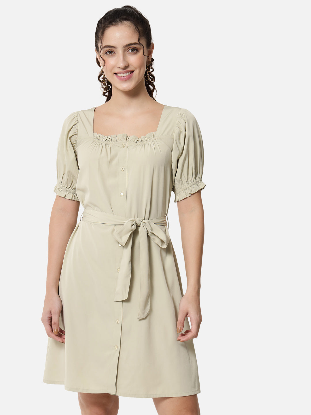 Beige Solid Half Sleeve Dress for Women