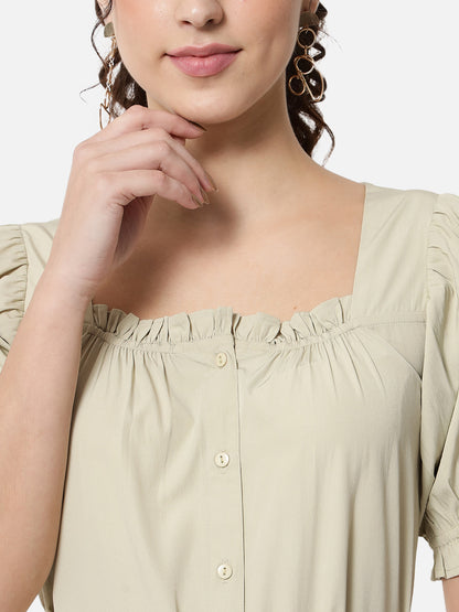 Beige Solid Half Sleeve Dress for Women