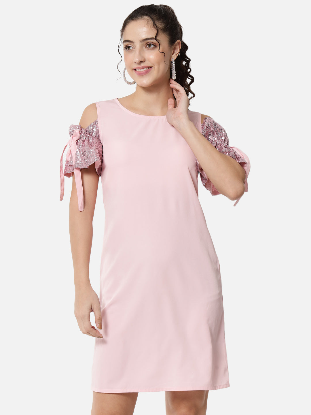 Pink Solid Cold Shoulder Sleeve Dress for Women