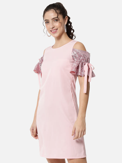 Pink Solid Cold Shoulder Sleeve Dress for Women
