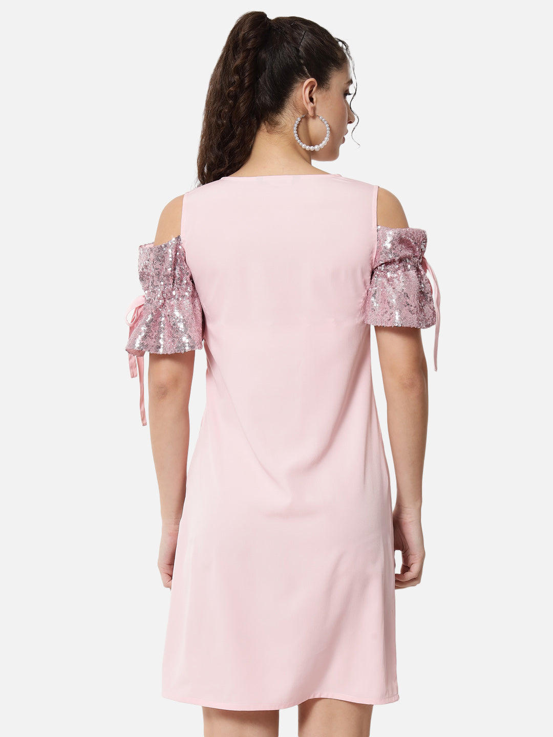 Pink Solid Cold Shoulder Sleeve Dress for Women