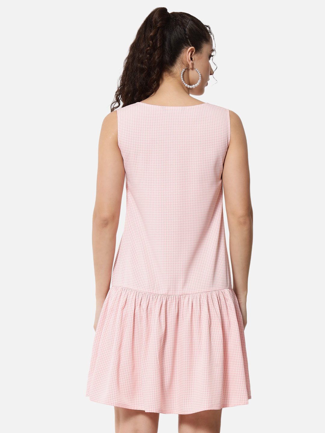Pink Houndstooth Printed Sleeveless Dress for Women
