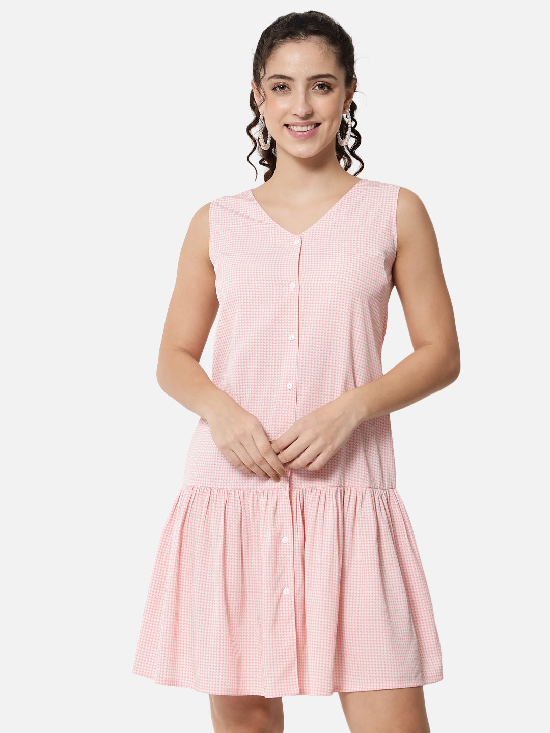 Pink Houndstooth Printed Sleeveless Dress for Women