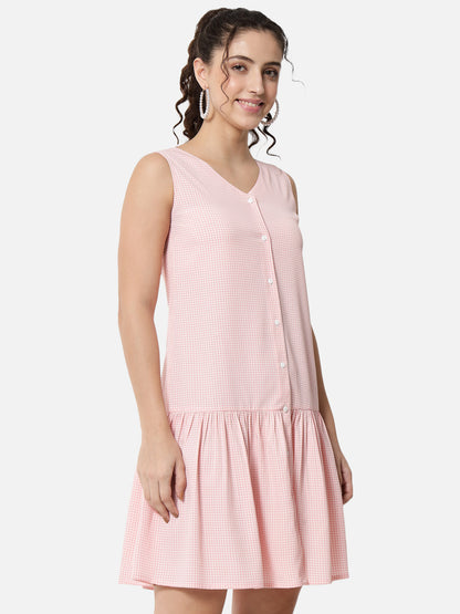 Pink Houndstooth Printed Sleeveless Dress for Women