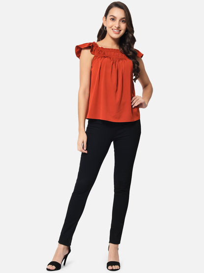 Rust Solid Square Neck Top for Women