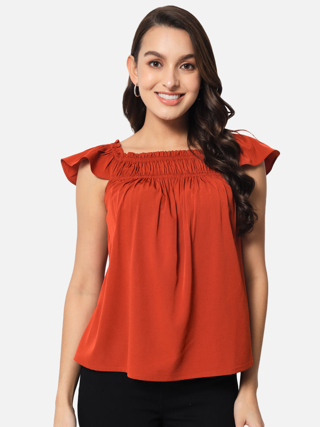 Rust Solid Square Neck Top for Women