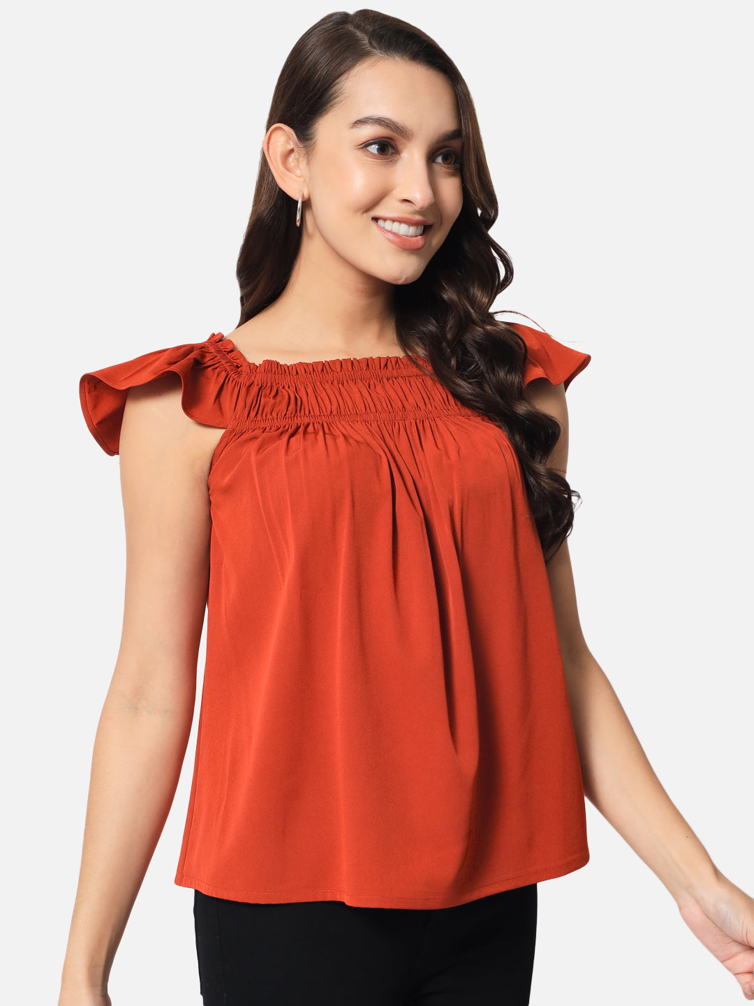 Rust Solid Square Neck Top for Women