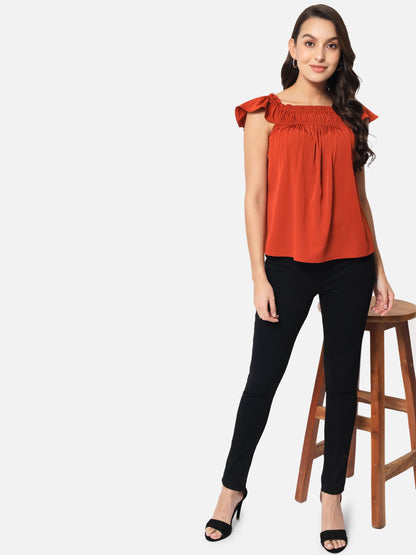 Rust Solid Square Neck Top for Women
