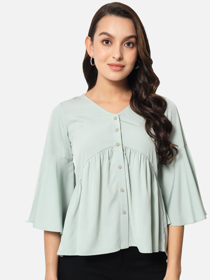 Light Green Solid Shirt Style Top for Women