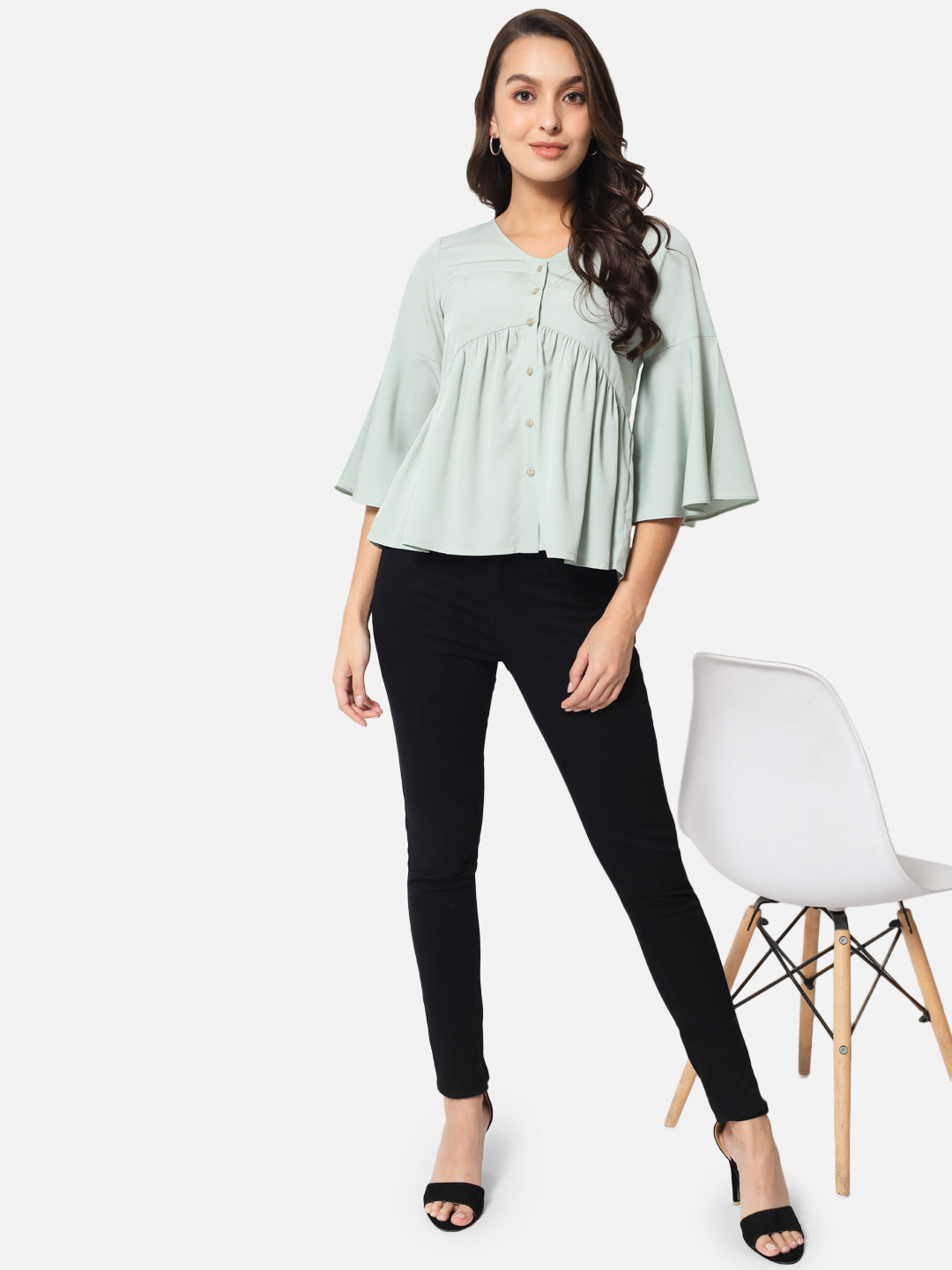 Light Green Solid Shirt Style Top for Women
