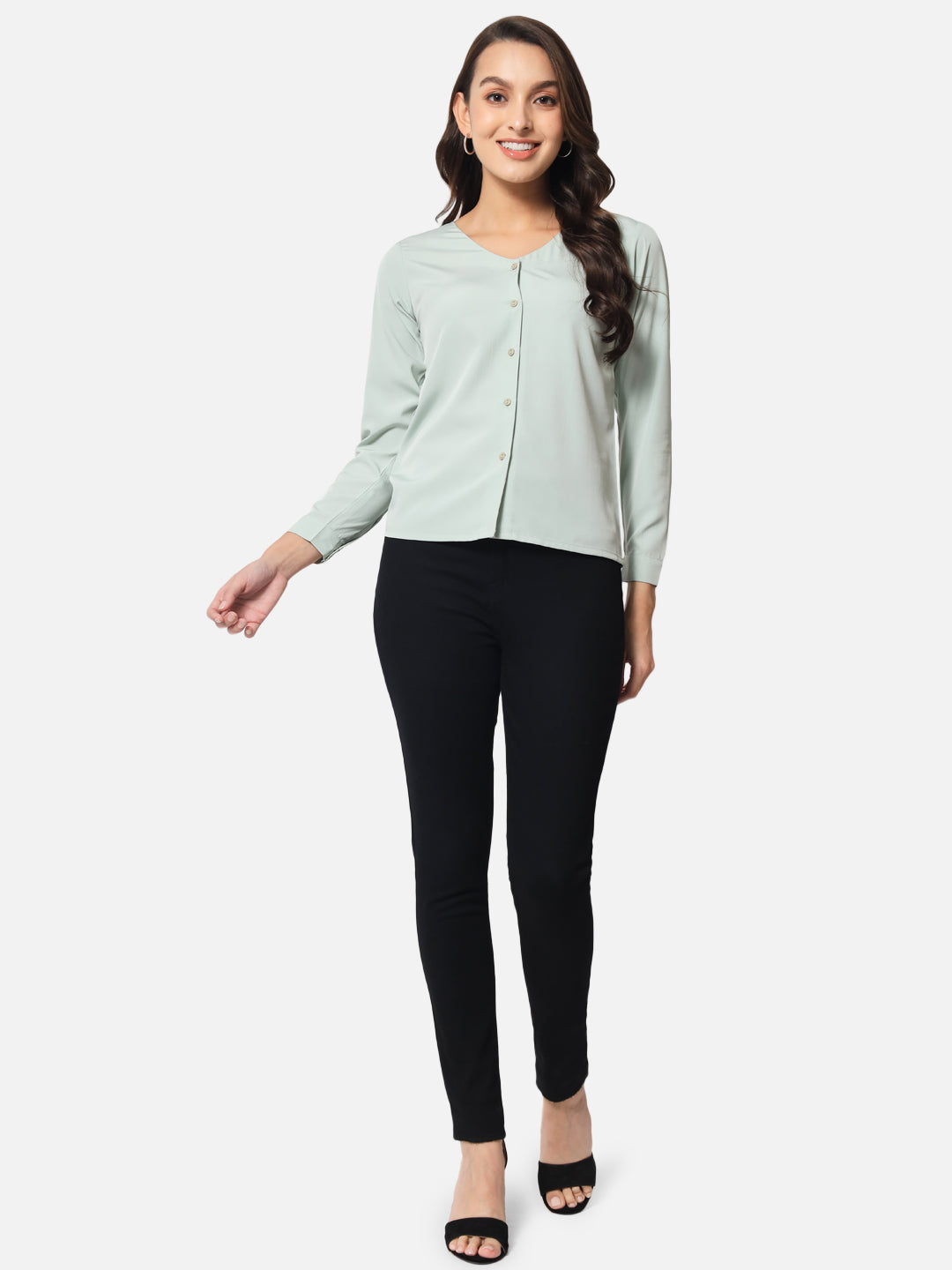 Light Green Solid Shirt Style Top for Women