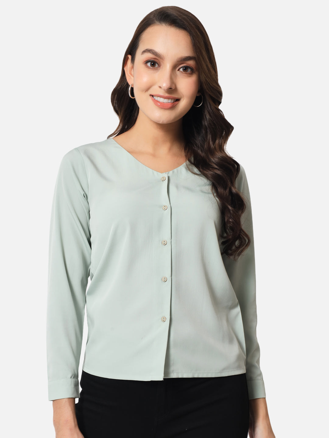 Light Green Solid Shirt Style Top for Women