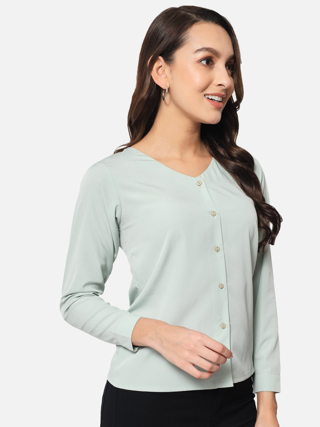 Light Green Solid Shirt Style Top for Women
