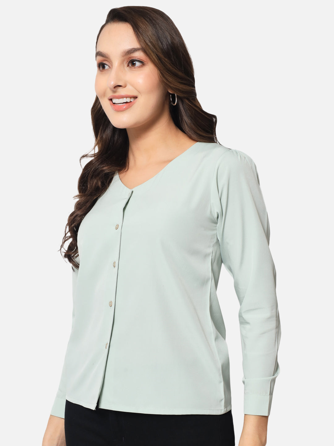 Light Green Solid Shirt Style Top for Women