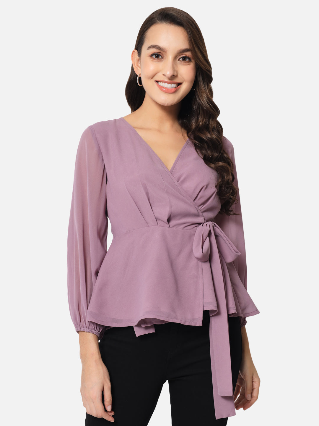 Purple Solid V-Neck Wrap Top for Women