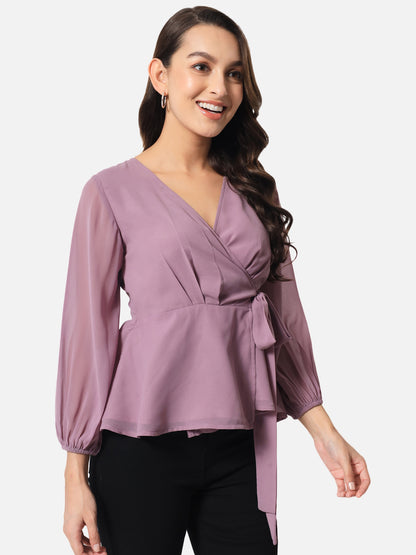 Purple Solid V-Neck Wrap Top for Women