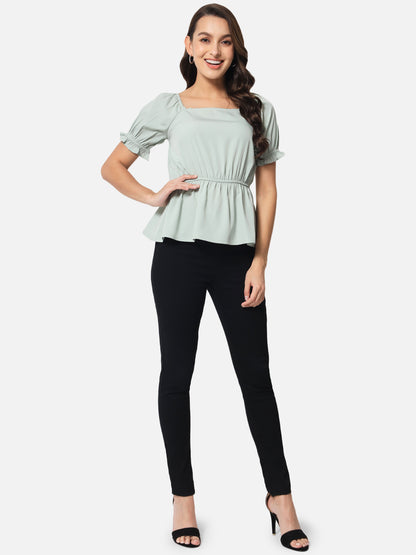 Light Green Solid Square Neck Top for Women