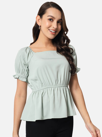 Light Green Solid Square Neck Top for Women