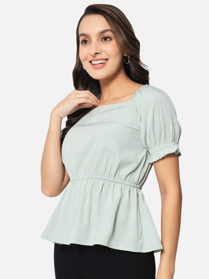 Light Green Solid Square Neck Top for Women
